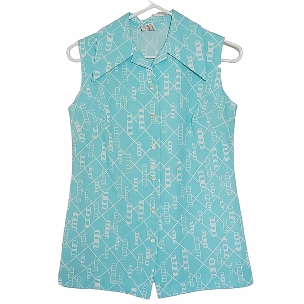 1200 * Graff Vintage 70s Sleeveless Button Down Shirt Teal White Size Unknown